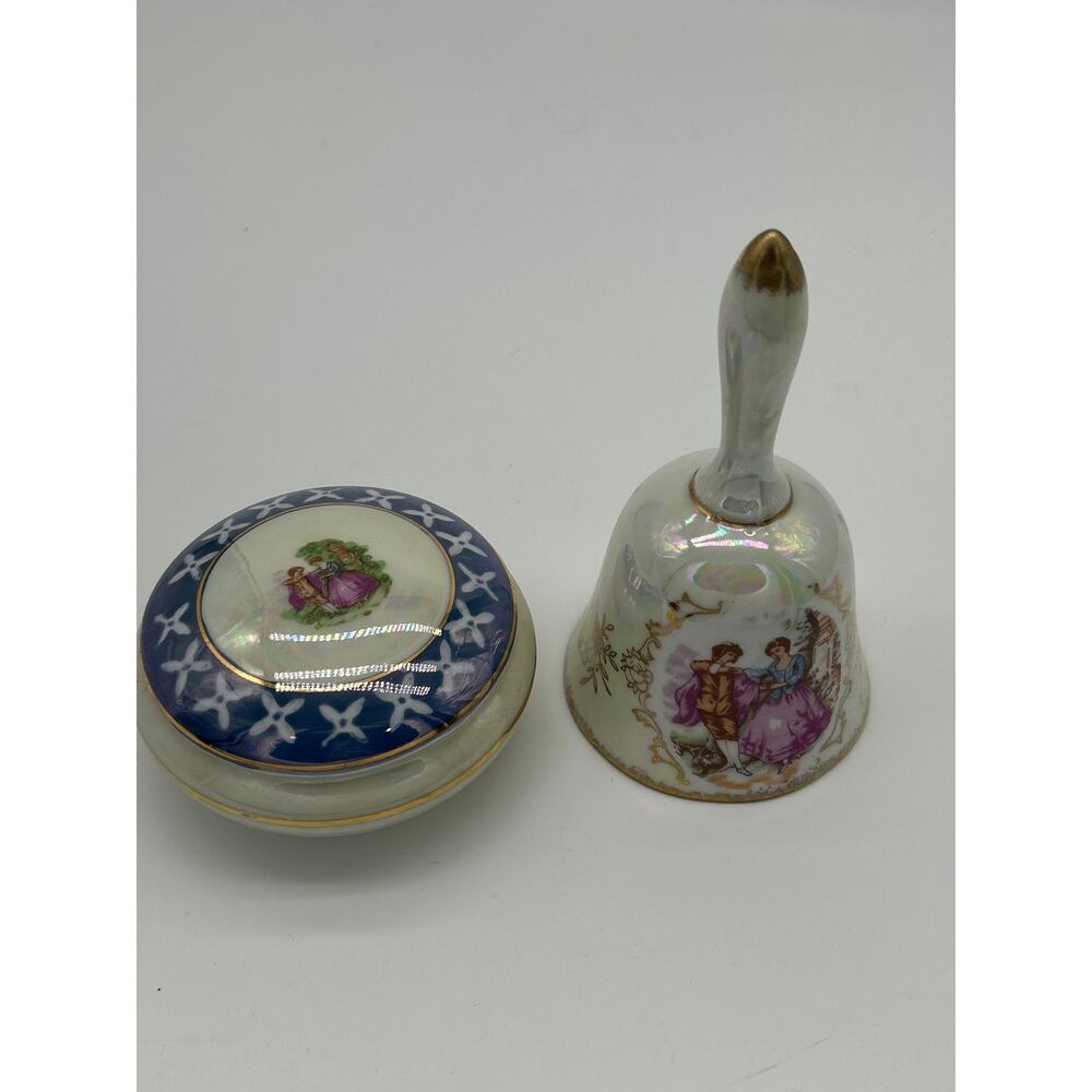 Lot of 2 Vintage Lusterware Fragonard Trinket Dish w/ Lid Bell Courting Couple